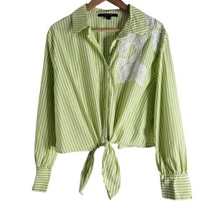 Green Striped Women's Top with Lace Detail